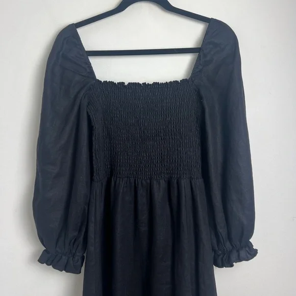 Reformation Small Black Gitane 100% Linen Long Puff Sleeve Smocked Midi  Dress